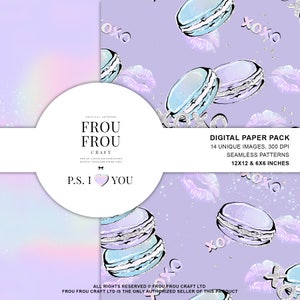 May include: Digital paper pack with a lavender background featuring illustrations of macarons, lips, and the text "xoxo." The pack includes 14 unique images with seamless patterns, sized at 12x12 and 6x6 inches.
