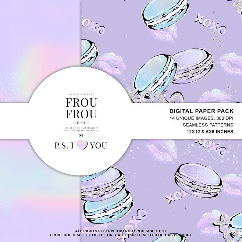 May include: Digital paper pack with a lavender background featuring illustrations of macarons, lips, and the text "xoxo." The pack includes 14 unique images with seamless patterns, sized at 12x12 and 6x6 inches.