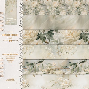 May include: Set of six digital floral patterns featuring white roses and green leaves on a light background. Each pattern is 6 inches by 6 inches and 240 DPI.