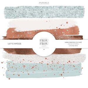 May include: Set of eight hand-painted watercolour brush strokes in shades of blue, brown, and white with gold glitter accents. The brush strokes are 15.2 cm wide. Let's Hygge.