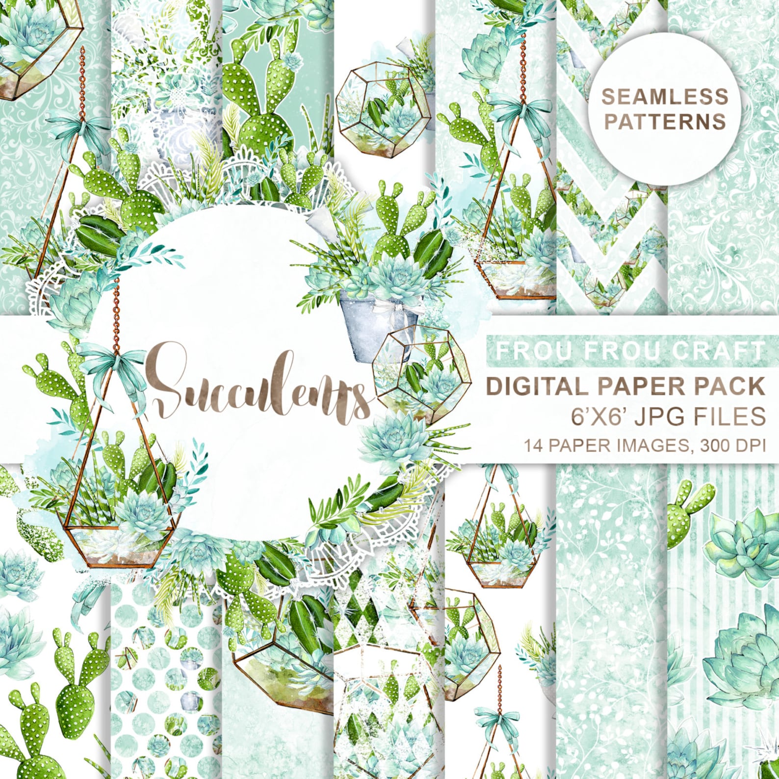 Succulent Paper Pack, Cactus Pattern, Botanical Seamless, Glass ...