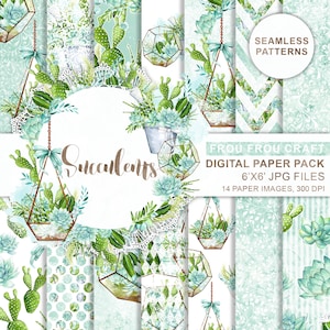 Paquet de papier succulent, Motif de cactus, Sans couture botanique, Terrarium en verre, Pack numérique tropical, Album floral, Fond bleu vert
