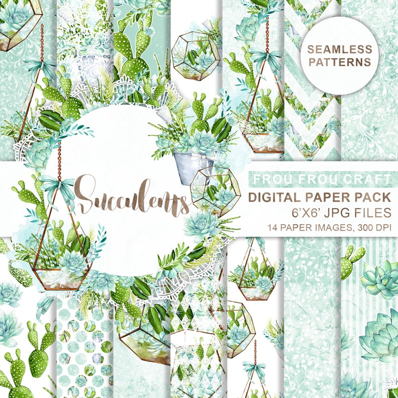 Succulent Paper Pack, Cactus Pattern, Botanical Seamless, Glass ...