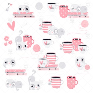 May include: A repeating pattern featuring cartoon cats, coffee mugs, yarn balls, and hearts on a white backdrop. The mugs are pink and white, some with the text "but first coffee." The cats are grey and white, and the yarn is grey.