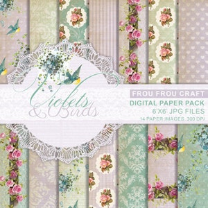 Lila und Vögel Digital Paper Pack Instant Download Shabby Chic Lila Mint Blau Spitze Rosen Blumen Garten Vintage Rustikal Punkte 6x6 Zoll