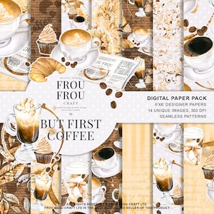 May include: A digital paper pack with 14 unique images of coffee, pastries, and coffee beans. The images are 6x6 inches and 300 DPI. The pack is called "But First Coffee" and features a watercolour style.