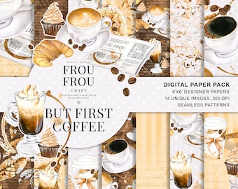Coffee Paper Pack Coffee Scrapbook Paper Watercolor Coffee Shop Digital Background Seamless Patterns Desserts Planner Supplies Coffee Lovers