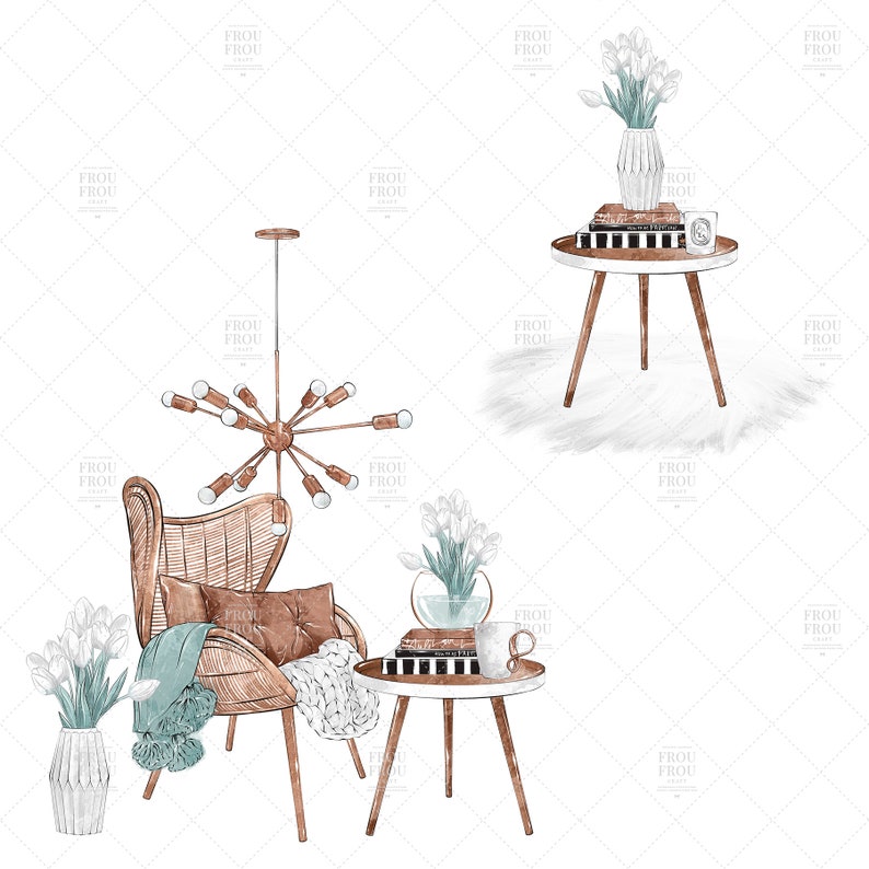 May include: A watercolor illustration of a living room interior with a wicker armchair, a side table, a lamp, and a vase of white tulips. The armchair has a brown cushion and a teal throw blanket. The side table has a stack of books and a mug on top. The lamp has a gold finish and a white shade. The vase is white and has a geometric design.