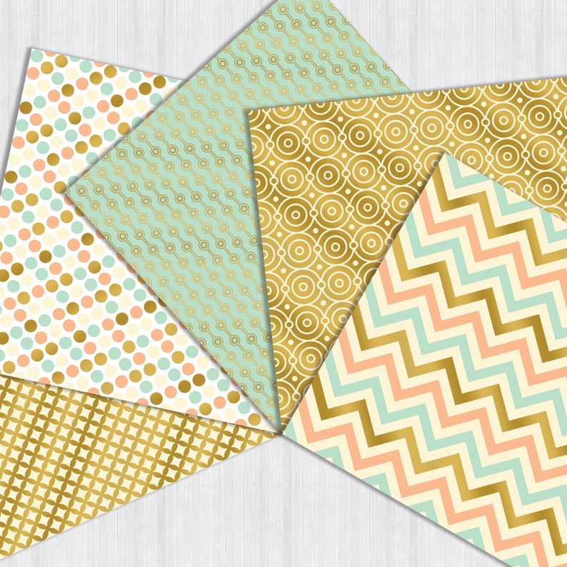 May include: Five patterned paper sheets with gold and pastel colors. The patterns include polka dots, geometric shapes, and a chevron design.