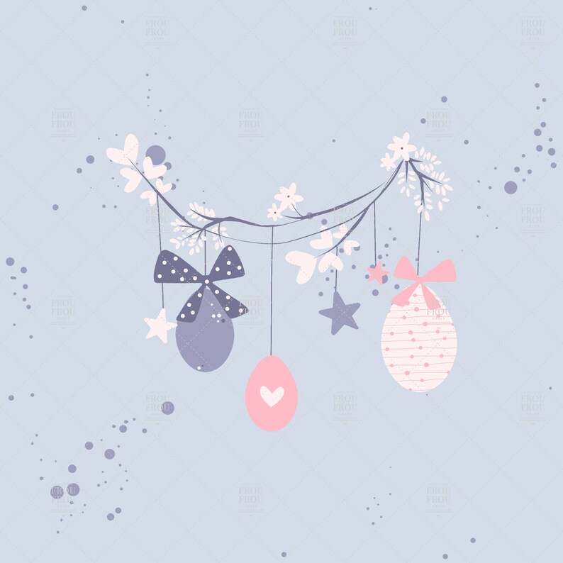 May include: A pastel blue background with a white branch with white flowers and leaves. Hanging from the branch are three pastel colored eggs with different patterns. One egg is purple with black polka dots and a black bow. Another egg is pink with white stripes and a pink bow. The third egg is pink with a white heart. There are also white stars hanging from the branch.