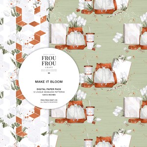 May include: A digital paper pack with 12 unique seamless patterns featuring a white flower, a brown bag, a notebook, and a cup with a straw. The patterns are 12x12 inches.
