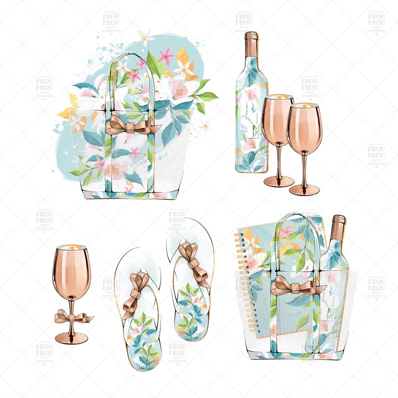 May include: A set of four summer-themed gift bags with floral designs. The bags are made of clear plastic with gold handles and feature a variety of floral patterns. The bags are filled with various items, including wine, wine glasses, flip flops, and a notebook.