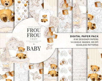 Baby Paper Pack Neutralny Baby Nursery Beżowe tło cyfrowe Baby Scrapbook Baby Shower Teddy Bear Zabawki Bezszwowe wzory Ręcznie malowane