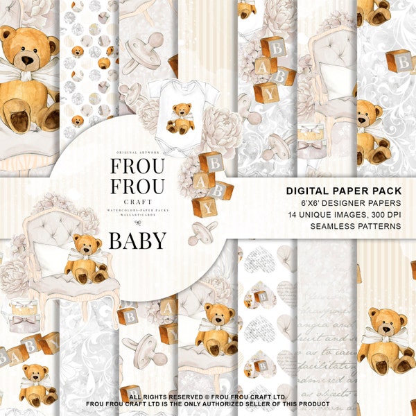 Baby Paper Pack Neutral Baby Nursery Beige Digital Background Baby Scrapbook Baby Shower Teddy Bear Toys Seamless Patterns Handpainted