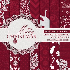 Kerstmis digitale paper pack instant download rode bordeaux grijs nieuwjaar damast Chevron sneeuwvet rendier muziek cadeau wrap 6x6 inch