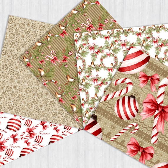 Christmas Paper Pack Xmas Scrapbook Paper Watercolor Digital Background  Seamless Patterns Candy Cane Printable Planner Supplies Cute Red Bow 