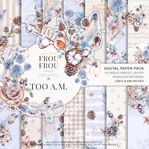 Winter Papier Pack, Pastell Weihnachten digitale Planner Aufkleber, Boho Chic Federn Stoff, Blumenmuster, Neujahr Weihnachten Designer Papier Pad