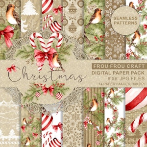 Christmas Paper Pack Xmas Scrapbook Paper Watercolor Digital Background Seamless Patterns Candy Cane Printable Planner Supplies Cute Red Bow