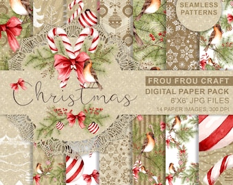 Christmas Paper Pack Xmas Scrapbook Paper Watercolor Digital Background Seamless Patterns Candy Cane Printable Planner Supplies Cute Red Bow