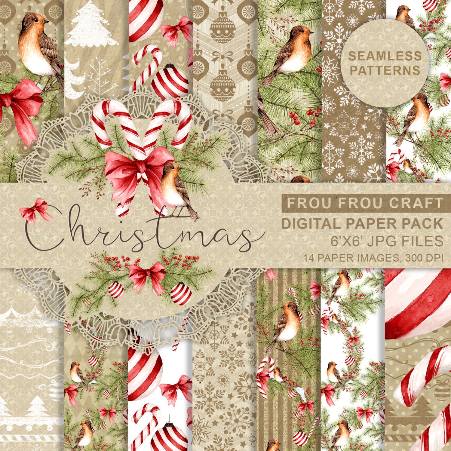 Christmas Paper Pack Xmas Scrapbook Paper Watercolor Digital Background  Seamless Patterns Candy Cane Printable Planner Supplies Cute Red Bow 
