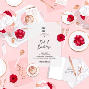 Pastel Pink Clip Art, Impresión de oro rosa en gráficos a la carta, Desayuno en ilustración de la cama, Clipart de café, Cubierta del planificador, Suministros del planificador