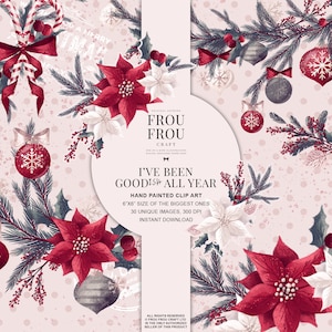 Noël Clip Art Hiver Clipart Nouvel An Planificateur Illustration Pastel Floral Tissu Rétro Wall Art Mignon Bourgogne Menthe Blush Éléments de Noël