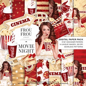 Movie Night Paper Pack, Hollywood Digital Paper Pack Kino Designer Paper Pad TV Fashion Girl African American Dark Skinned Phone Wallpaper