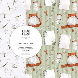 May include: A digital paper pack with 12 unique seamless patterns featuring a green and white striped background with white flowers, brown bags, notebooks, and coffee cups. The text "MAKE IT BLOOM" is in the center of the image.