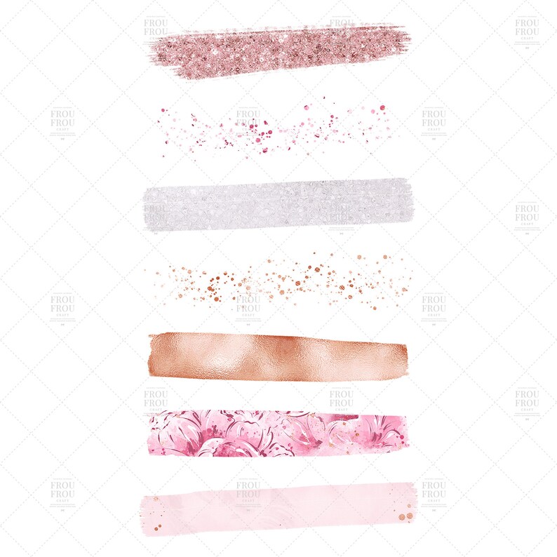 May include: A set of digital brush strokes in various colors and textures, including pink, rose gold, silver, and white. The brushes are perfect for adding a touch of elegance to digital designs.