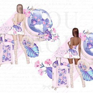 May include: Two women in floral dresses stand with suitcases and globes. The globes are blue with pink flowers and the suitcases are pink with floral patterns. The background is a pink and white watercolour wash.