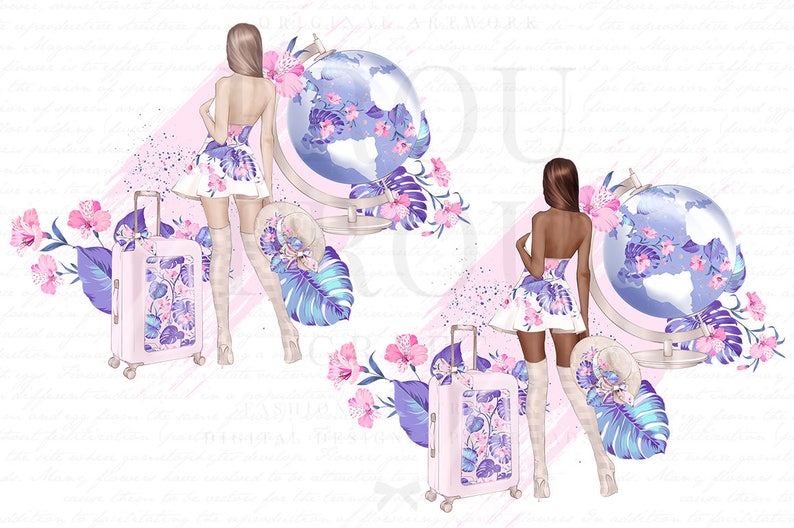 May include: Two women in floral dresses stand with suitcases and globes. The globes are blue with pink flowers and the suitcases are pink with floral patterns. The background is a pink and white watercolour wash.