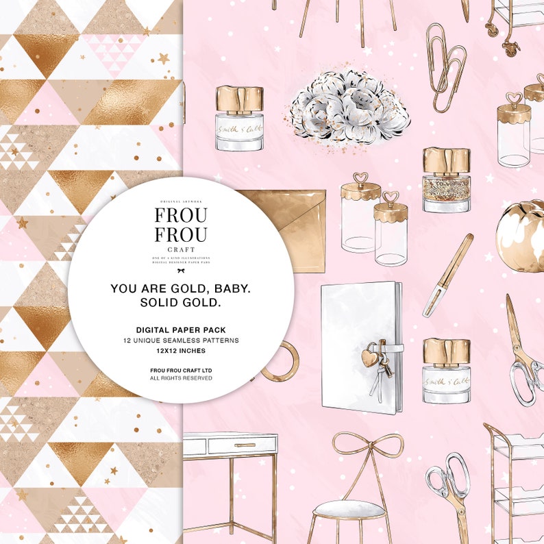 Gold Office Paper Pack, Pink Planner Cover, Stationary Surface Pattern ...