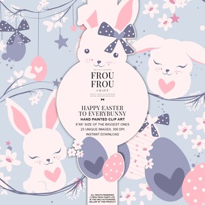 May include: A digital clipart set of 23 hand-painted Easter bunnies and eggs in pink, white, and blue colors. The bunnies have cute expressions and are holding hearts. The eggs are decorated with polka dots and stripes. The text "Happy Easter to Everybunny" is displayed on a blue background.