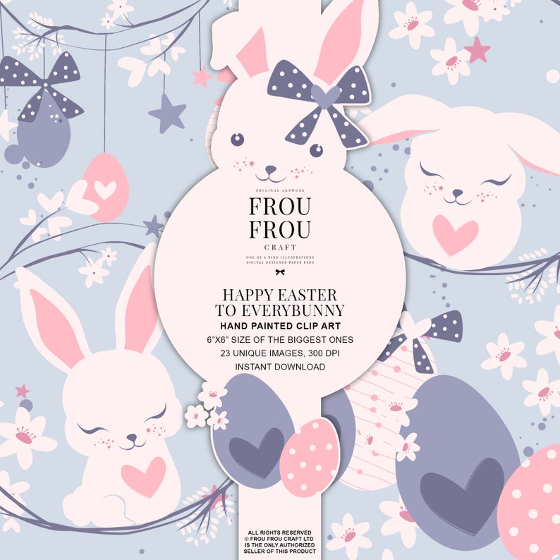 May include: A digital clipart set of 23 hand-painted Easter bunnies and eggs in pink, white, and blue colors. The bunnies have cute expressions and are holding hearts. The eggs are decorated with polka dots and stripes. The text "Happy Easter to Everybunny" is displayed on a blue background.