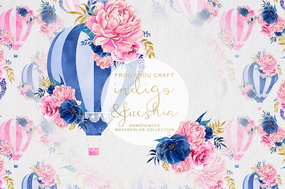Watercolor Flowers ClipArt Hot Air Balloon Peony Roses Navy Blue Hot Pink Gold Floral Wedding DIY Invitation Pack Romantic Original