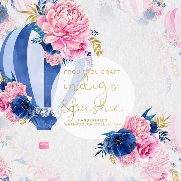 Watercolor Flowers ClipArt Hot Air Balloon Peony Roses Navy Blue Hot Pink Gold Floral Wedding DIY Invitation Pack Romantic Original