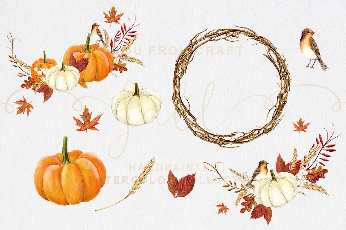Fall Clip Art Autumn Clipart Watercolor Pumpkin Halloween Thanksgiving ...