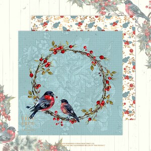 May include: A blue background with a wreath of red berries and green leaves. Two red-breasted birds are perched on the wreath. The text "Frou Frou" is in the bottom left corner.