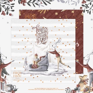 May include: Watercolor illustration of a winter scene with a rabbit pushing a sleigh filled with gifts. The text "It's the Most Wonderful Time of the Year" is displayed. The background features a snowy forest and gold accents.