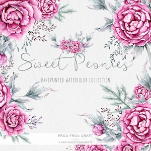 Pfingstrosen ClipArt Aquarell Blumen Pfingstrose Rosa Violett Pastell Handgemalt Floral Intant Download Digitale Einladung Hochzeit Original DIY Pack