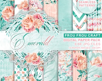 Aquarelle Fleurs Digital Paper Pack, Fleurs de pêche et de menthe, Émeraude Sarcelle Vert Bleu Sans couture Motifs, Roses roses, Album romantique