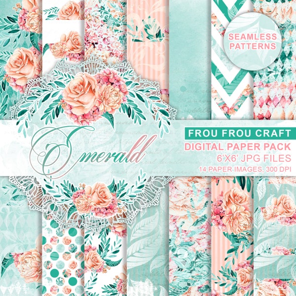 Watercolor Flowers Digital Paper Pack, Peach and Mint Flowers, Emerald Teal Green Blue Seamless Patterns, Pink Roses, Romantic Scrapbook