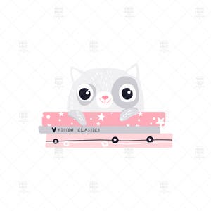 May include: A cartoon kitten with grey fur and big eyes peeks over a stack of books. The books are pink and grey, with the text "Kitten Classics" on one. The kitten has a pink nose and is smiling.
