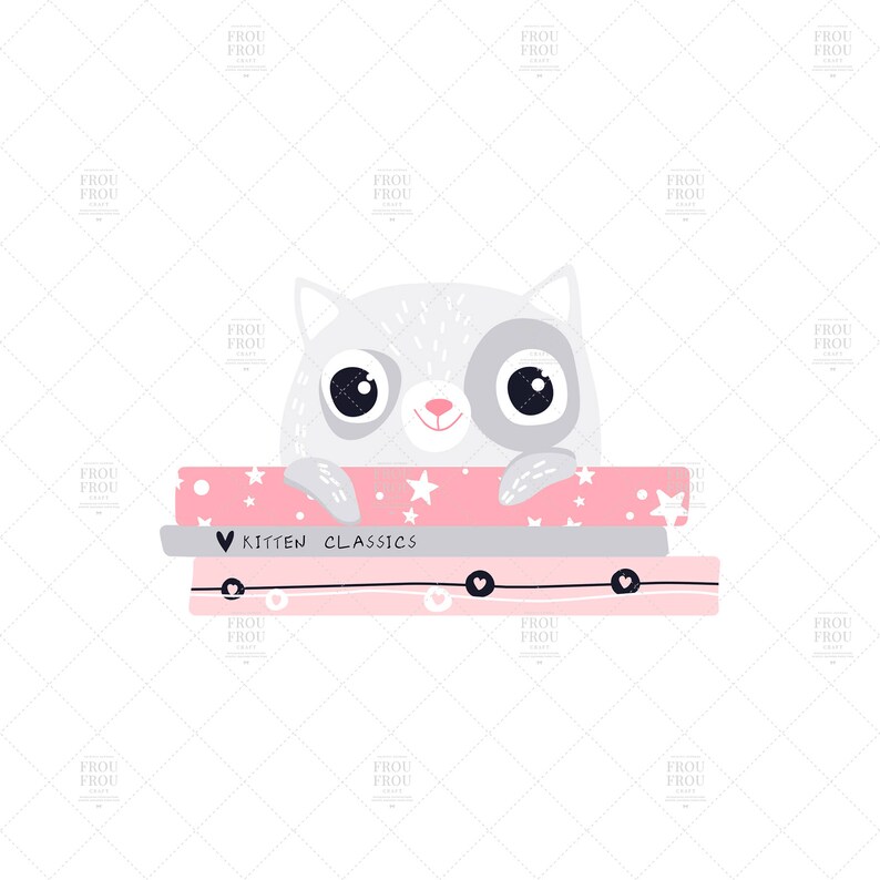 May include: A cartoon kitten with grey fur and big eyes peeks over a stack of books. The books are pink and grey, with the text "Kitten Classics" on one. The kitten has a pink nose and is smiling.