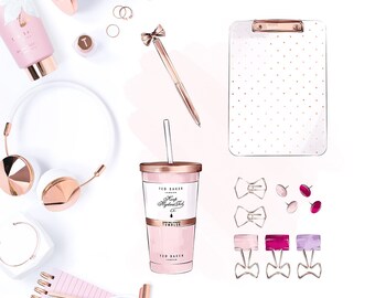 Stationery Clip Art, Pink Girly Illustration, Girl Boss Planner Stickers, Cute Planner Supplies, Rose Gold Copper Pastel Coffee Tea