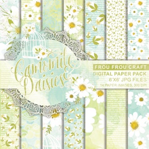 May include: A digital paper pack with 14 images featuring a watercolor background with white daisies and green leaves. The images are 6 inches by 6 inches and 300 DPI. The text "Chamomile & Daisies" is written in a decorative font.