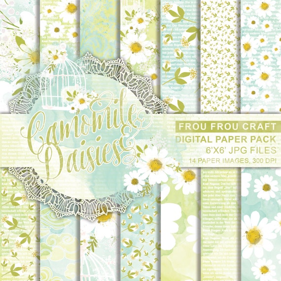 Camomile Daisies Digital Paper Pack Instant Download Watercolor Flowers Green Blue Mint White Floral Birds Cage Romantic 6x6 inches