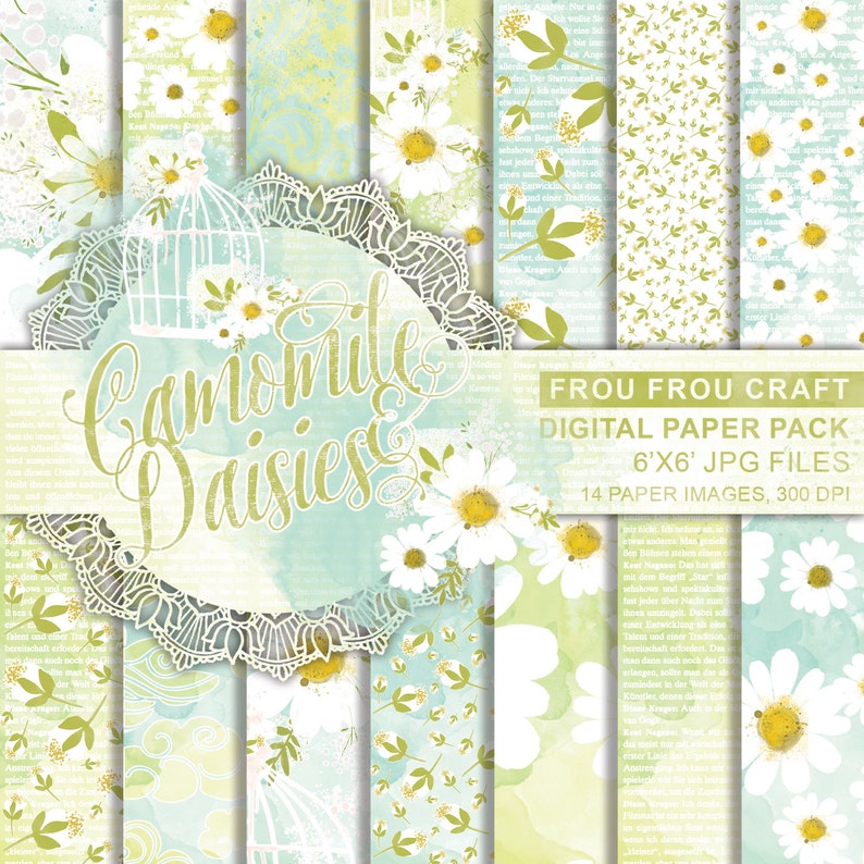 May include: A digital paper pack with 14 images featuring a watercolor background with white daisies and green leaves. The images are 6 inches by 6 inches and 300 DPI. The text "Chamomile & Daisies" is written in a decorative font.