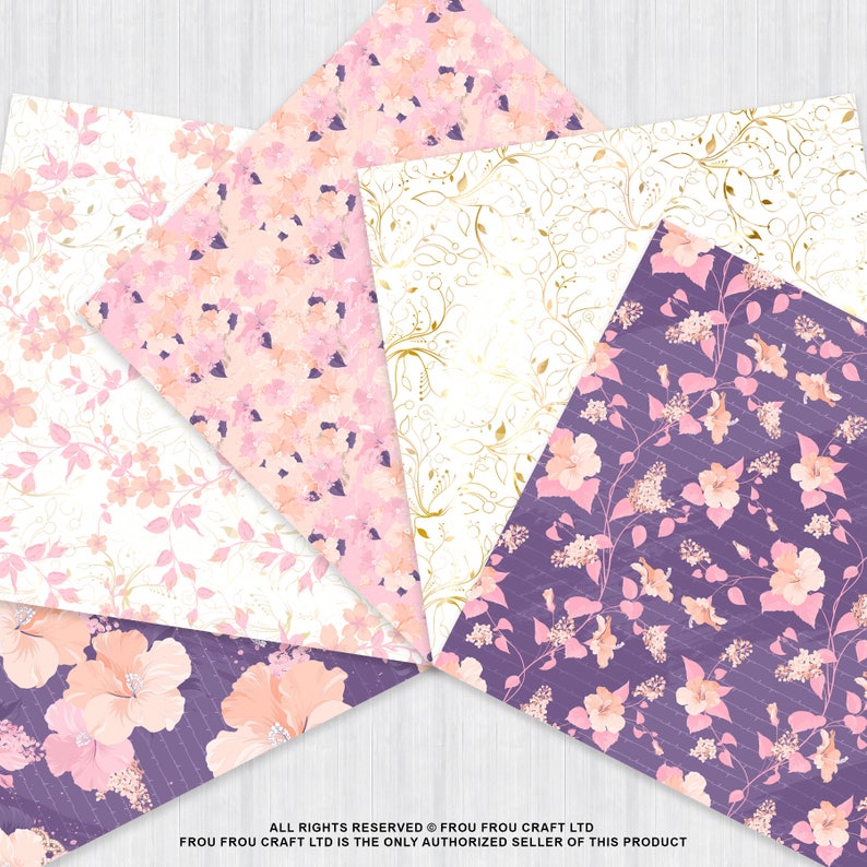 K&ouml;nnte beinhalten: Satz mit vier digitalen Papiermustern mit floralen Designs. Die Muster umfassen rosa und wei&szlig;e Blumen auf wei&szlig;em Hintergrund, rosa und wei&szlig;e Blumen auf hellrosa Hintergrund, goldene florale Wirbel auf wei&szlig;em Hintergrund und rosa und wei&szlig;e Blumen auf lila Hintergrund.