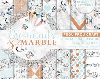 Crystal Marble Digital Paper Pack Watercolor Diamond Gems Crystals Seamless Patterns Rhinestones Blog Fashion Chick Blue Pastel Copper White